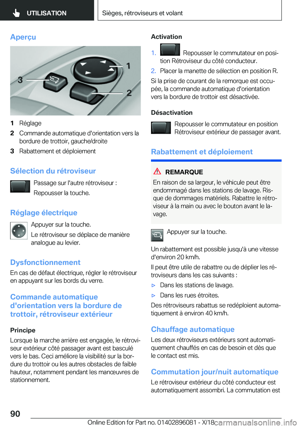 BMW X6 2019  Notices Demploi (in French) �A�p�e�r�ç�u�1�R�é�g�l�a�g�e�2�C�o�m�m�a�n�d�e��a�u�t�o�m�a�t�i�q�u�e��d�'�o�r�i�e�n�t�a�t�i�o�n��v�e�r�s��l�a
�b�o�r�d�u�r�e��d�e��t�r�o�t�t�o�i�r�,��g�a�u�c�h�e�/�d�r�o�i�t�e�3�R�a�b�a�