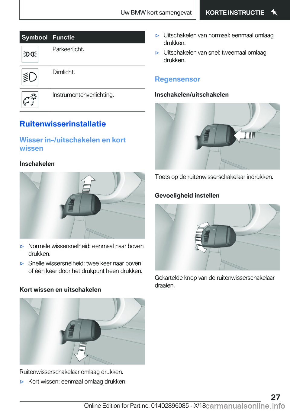 BMW X6 2019  Instructieboekjes (in Dutch) �S�y�m�b�o�o�l�F�u�n�c�t�i�e�P�a�r�k�e�e�r�l�i�c�h�t�.�D�i�m�l�i�c�h�t�.�I�n�s�t�r�u�m�e�n�t�e�n�v�e�r�l�i�c�h�t�i�n�g�.
�R�u�i�t�e�n�w�i�s�s�e�r�i�n�s�t�a�l�l�a�t�i�e�W�i�s�s�e�r��i�n�-�/�u�i�t�s�c�