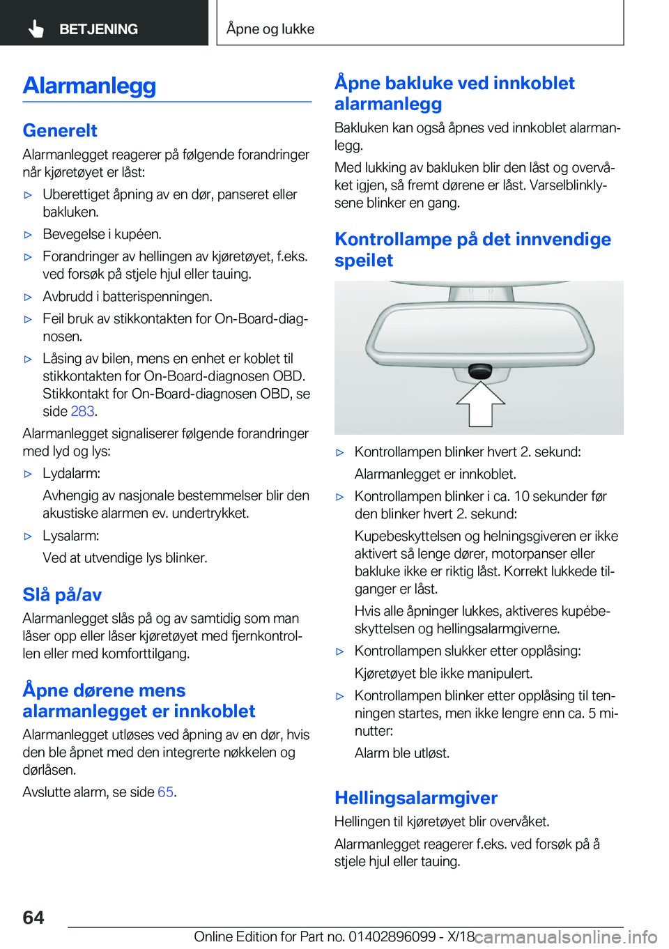 BMW X6 2019  InstruksjonsbØker (in Norwegian) �A�l�a�r�m�a�n�l�e�g�g
�G�e�n�e�r�e�l�t
�A�l�a�r�m�a�n�l�e�g�g�e�t��r�e�a�g�e�r�e�r��p�å��f�
