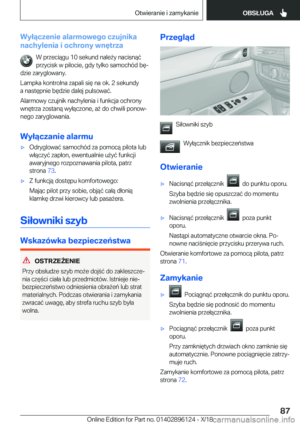 BMW X6 2019  Instrukcja obsługi (in Polish) �W�y�ł�ą�c�z�e�n�i�e��a�l�a�r�m�o�w�e�g�o��c�z�u�j�n�i�k�a
�n�a�c�h�y�l�e�n�i�a��i��o�c�h�r�o�n�y��w�n�