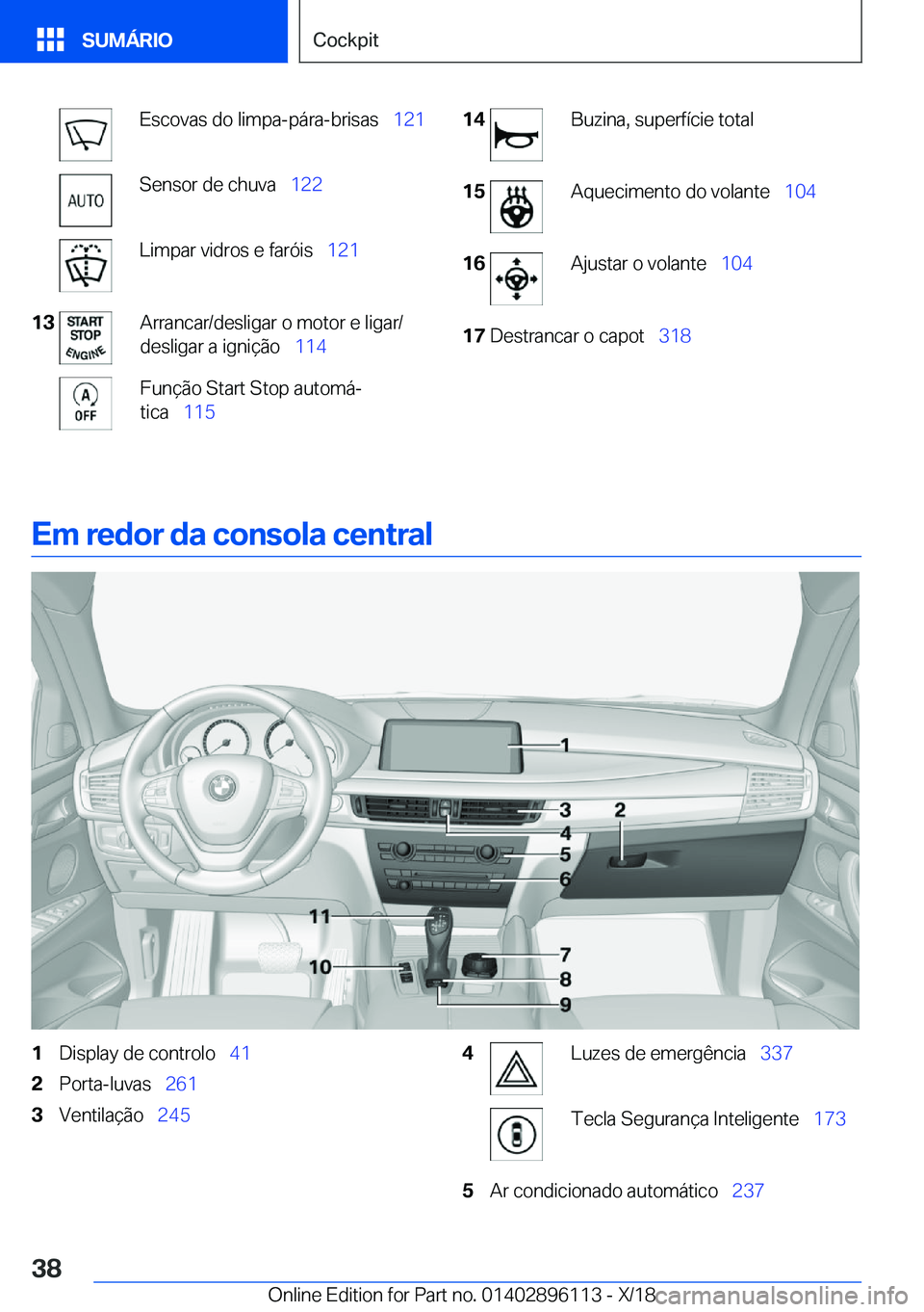 BMW X6 2019  Manual do condutor (in Portuguese) �E�s�c�o�v�a�s��d�o��l�i�m�p�a�-�p�á�r�a�-�b�r�i�s�a�s\_�1�2�1�S�e�n�s�o�r��d�e��c�h�u�v�a\_�1�2�2�L�i�m�p�a�r��v�i�d�r�o�s��e��f�a�r�ó�i�s\_ �1�2�1�1�3�A�r�r�a�n�c�a�r�/�d�e�s�l�i�g�a�