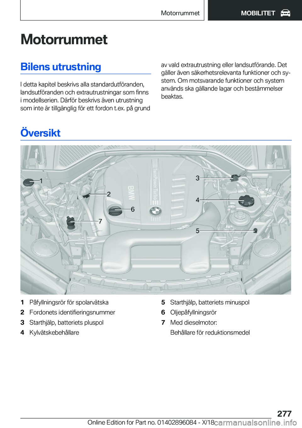 BMW X6 2019  InstruktionsbÖcker (in Swedish) �M�o�t�o�r�r�u�m�m�e�t�B�i�l�e�n�s��u�t�r�u�s�t�n�i�n�g
�I��d�e�t�t�a��k�a�p�i�t�e�l��b�e�s�k�r�i�v�s��a�l�l�a��s�t�a�n�d�a�r�d�u�t�f�