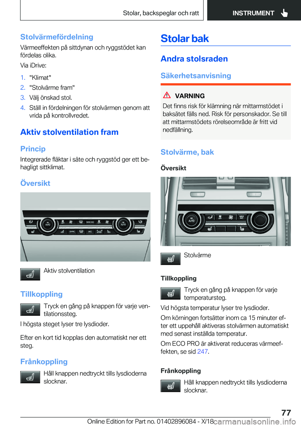 BMW X6 2019  InstruktionsbÖcker (in Swedish) �S�t�o�l�v�ä�r�m�e�f�