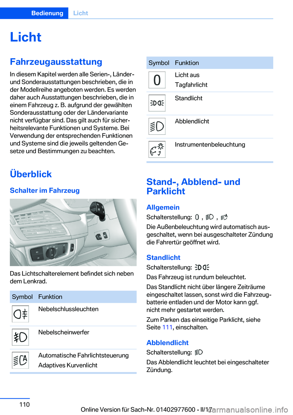 BMW X6 2017  Betriebsanleitungen (in German) �L�i�c�h�t�F�a�h�r�z�e�u�g�a�u�s�s�t�a�t�t�u�n�g
�I�n� �d�i�e�s�e�m� �K�a�p�i�t�e�l� �w�e�r�d�e�n� �a�l�l�e� �S�e�r�i�e�n�-�,� �L�ä�n�d�e�r�- �u�n�d� �S�o�n�d�e�r�a�u�s�s�t�a�t�t�u�n�g�e�n� �b�e�s�c�