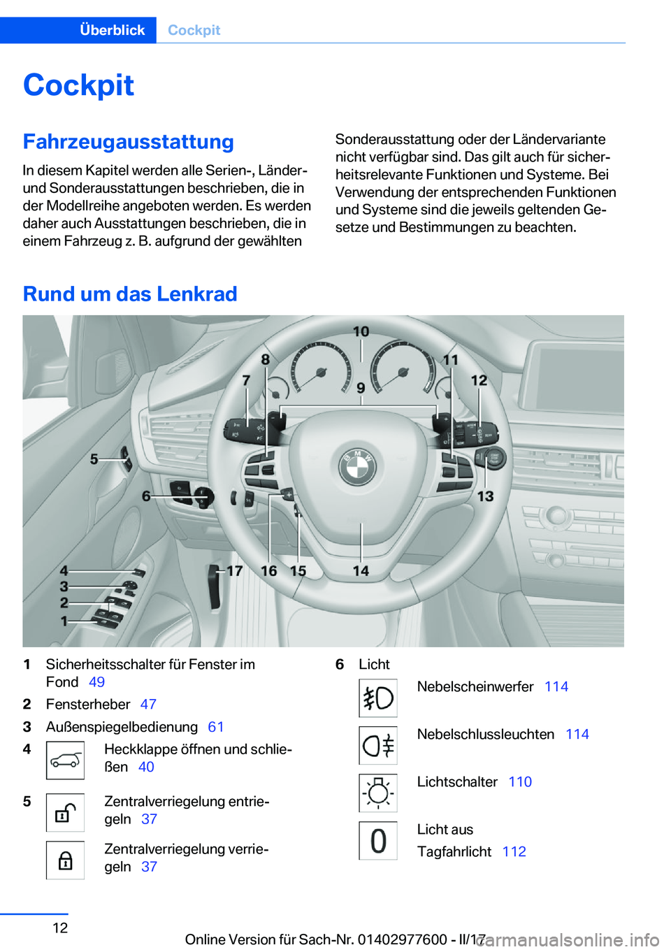 BMW X6 2017  Betriebsanleitungen (in German) �C�o�c�k�p�i�t�F�a�h�r�z�e�u�g�a�u�s�s�t�a�t�t�u�n�g
�I�n� �d�i�e�s�e�m� �K�a�p�i�t�e�l� �w�e�r�d�e�n� �a�l�l�e� �S�e�r�i�e�n�-�,� �L�ä�n�d�e�r�- �u�n�d� �S�o�n�d�e�r�a�u�s�s�t�a�t�t�u�n�g�e�n� �b�e�
