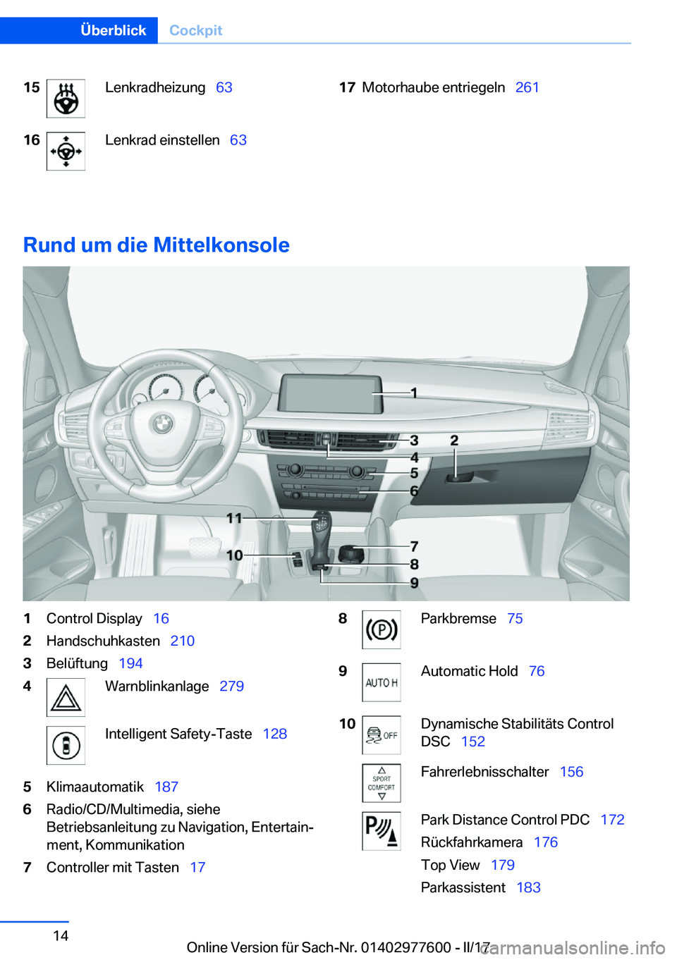BMW X6 2017  Betriebsanleitungen (in German) �1�5�L�e�n�k�r�a�d�h�e�i�z�u�n�g\_�6�3�1�6�L�e�n�k�r�a�d� �e�i�n�s�t�e�l�l�e�n\_ �6�3�1�7�M�o�t�o�r�h�a�u�b�e� �e�n�t�r�i�e�g�e�l�n\_ �2�6�1
�R�u�n�d��u�m��d�i�e��M�i�t�t�e�l�k�o�n�s�o�l�e
�1