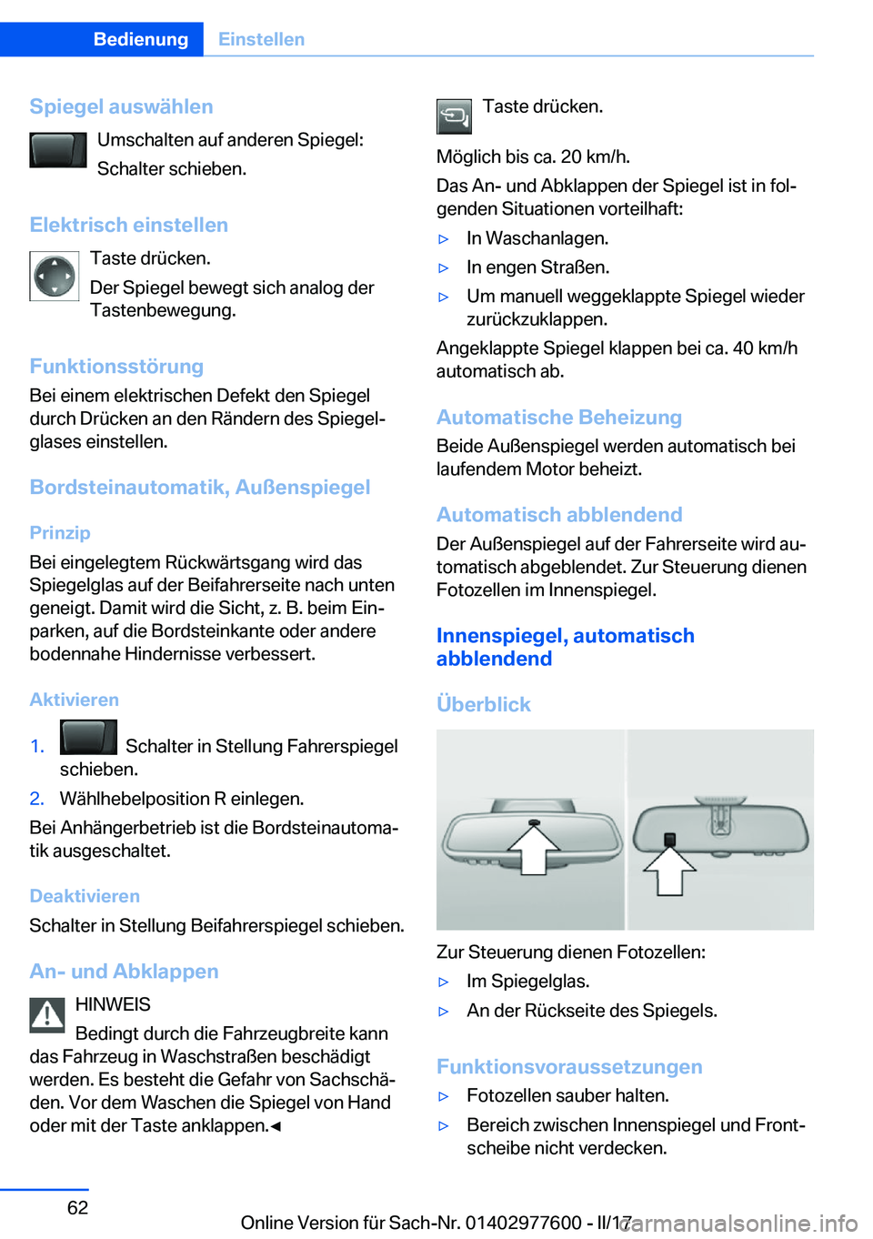 BMW X6 2017  Betriebsanleitungen (in German) �S�p�i�e�g�e�l��a�u�s�w�