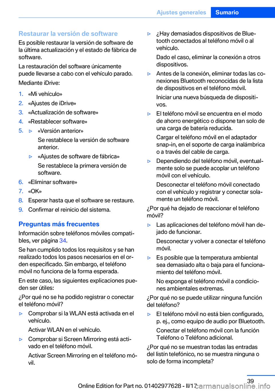 BMW X6 2017  Manuales de Empleo (in Spanish) �R�e�s�t�a�u�r�a�r��l�a��v�e�r�s�i�