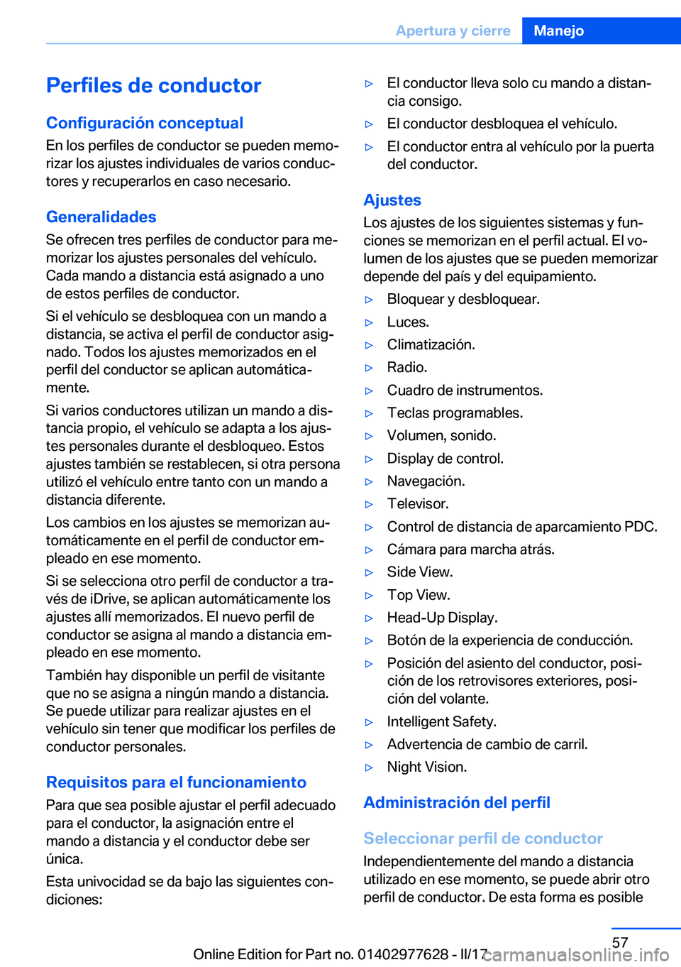 BMW X6 2017  Manuales de Empleo (in Spanish) �P�e�r�f�i�l�e�s��d�e��c�o�n�d�u�c�t�o�r�C�o�n�f�i�g�u�r�a�c�i�