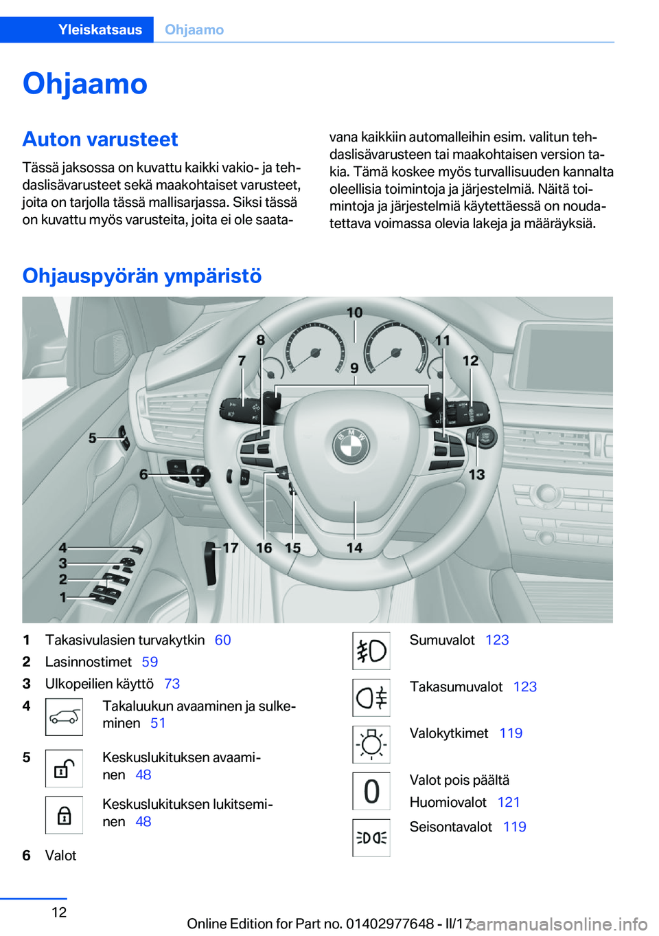 BMW X6 2017  Omistajan Käsikirja (in Finnish) �O�h�j�a�a�m�o�A�u�t�o�n��v�a�r�u�s�t�e�e�t�T�ä�s�s�ä� �j�a�k�s�o�s�s�a� �o�n� �k�u�v�a�t�t�u� �k�a�i�k�k�i� �v�a�k�i�o�-� �j�a� �t�e�hj�d�a�s�l�i�s�ä�v�a�r�u�s�t�e�e�t� �s�e�k�ä� �m�a�a�k�o�h�t