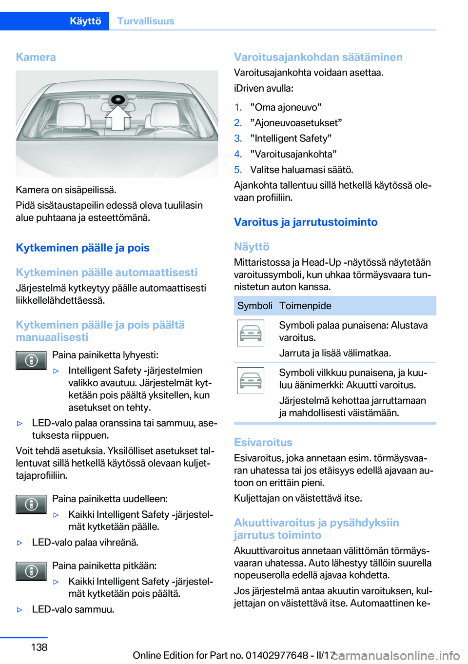 BMW X6 2017  Omistajan Käsikirja (in Finnish) �K�a�m�e�r�a
�K�a�m�e�r�a� �o�n� �s�i�s�ä�p�e�i�l�i�s�s�ä�.
�P�i�d�ä� �s�i�s�ä�t�a�u�s�t�a�p�e�i�l�i�n� �e�d�e�s�s�ä� �o�l�e�v�a� �t�u�u�l�i�l�a�s�i�n �a�l�u�e� �p�u�h�t�a�a�n�a� �j�a� �e�s�t�e�e