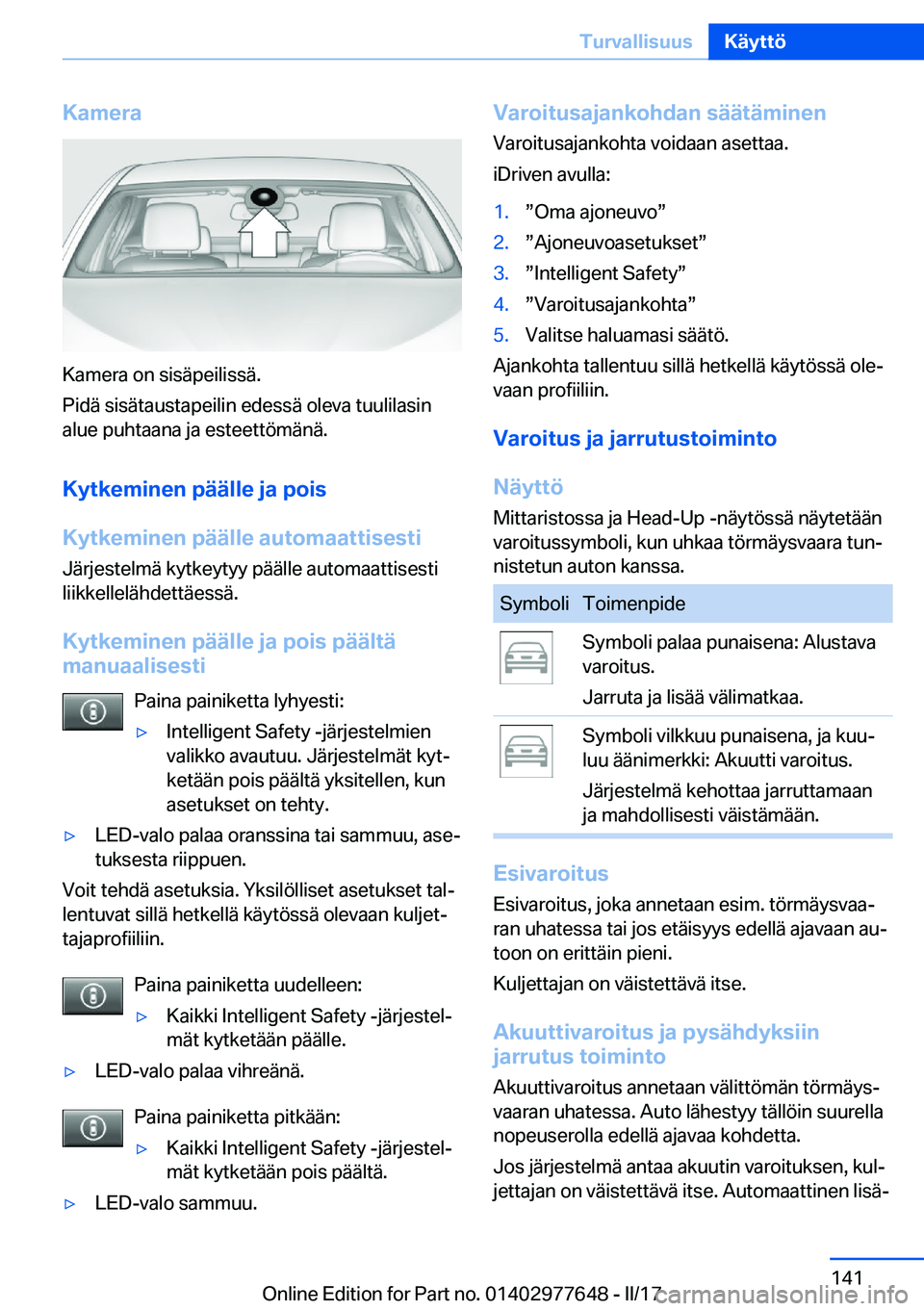 BMW X6 2017  Omistajan Käsikirja (in Finnish) �K�a�m�e�r�a
�K�a�m�e�r�a� �o�n� �s�i�s�ä�p�e�i�l�i�s�s�ä�.
�P�i�d�ä� �s�i�s�ä�t�a�u�s�t�a�p�e�i�l�i�n� �e�d�e�s�s�ä� �o�l�e�v�a� �t�u�u�l�i�l�a�s�i�n �a�l�u�e� �p�u�h�t�a�a�n�a� �j�a� �e�s�t�e�e