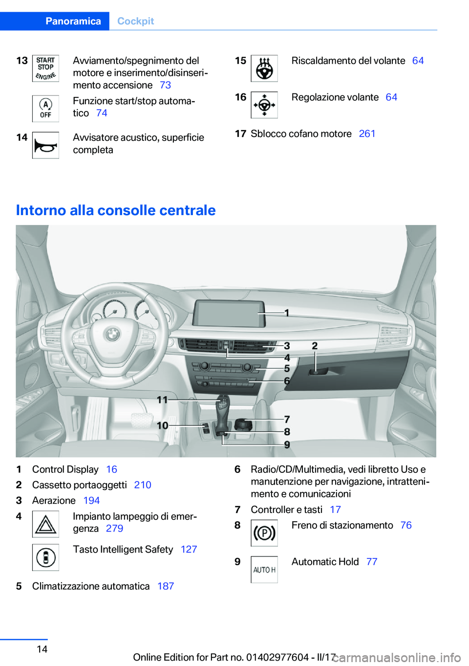 BMW X6 2017  Libretti Di Uso E manutenzione (in Italian) �1�3�A�v�v�i�a�m�e�n�t�o�/�s�p�e�g�n�i�m�e�n�t�o� �d�e�l
�m�o�t�o�r�e� �e� �i�n�s�e�r�i�m�e�n�t�o�/�d�i�s�i�n�s�e�r�iª
�m�e�n�t�o� �a�c�c�e�n�s�i�o�n�e\_ �7�3�F�u�n�z�i�o�n�e� �s�t�a�r�t�/�s�t�o�p