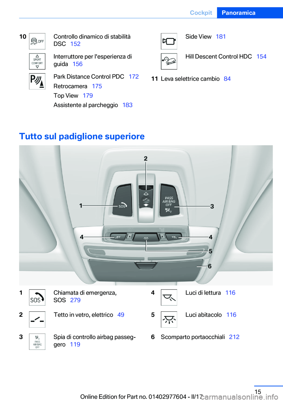 BMW X6 2017  Libretti Di Uso E manutenzione (in Italian) �1�0�C�o�n�t�r�o�l�l�o� �d�i�n�a�m�i�c�o� �d�i� �s�t�a�b�i�l�i�t�à
�D�S�C\_ �1�5�2�I�n�t�e�r�r�u�t�t�o�r�e� �p�e�r� �l�'�e�s�p�e�r�i�e�n�z�a� �d�i
�g�u�i�d�a\_ �1�5�6�P�a�r�k� �D�i�s�t�a�n�c�
