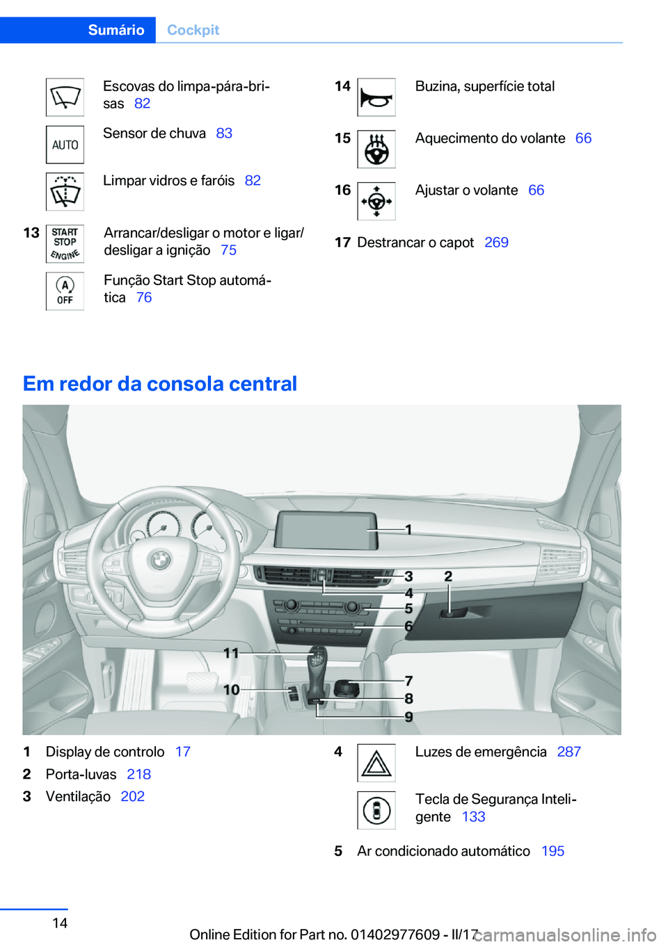 BMW X6 2017  Manual do condutor (in Portuguese) �E�s�c�o�v�a�s� �d�o� �l�i�m�p�a�-�p�á�r�a�-�b�r�iª
�s�a�s\_ �8�2�S�e�n�s�o�r� �d�e� �c�h�u�v�a\_ �8�3�L�i�m�p�a�r� �v�i�d�r�o�s� �e� �f�a�r�ó�i�s\_ �8�2�1�3�A�r�r�a�n�c�a�r�/�d�e�s�l�i�g�a�