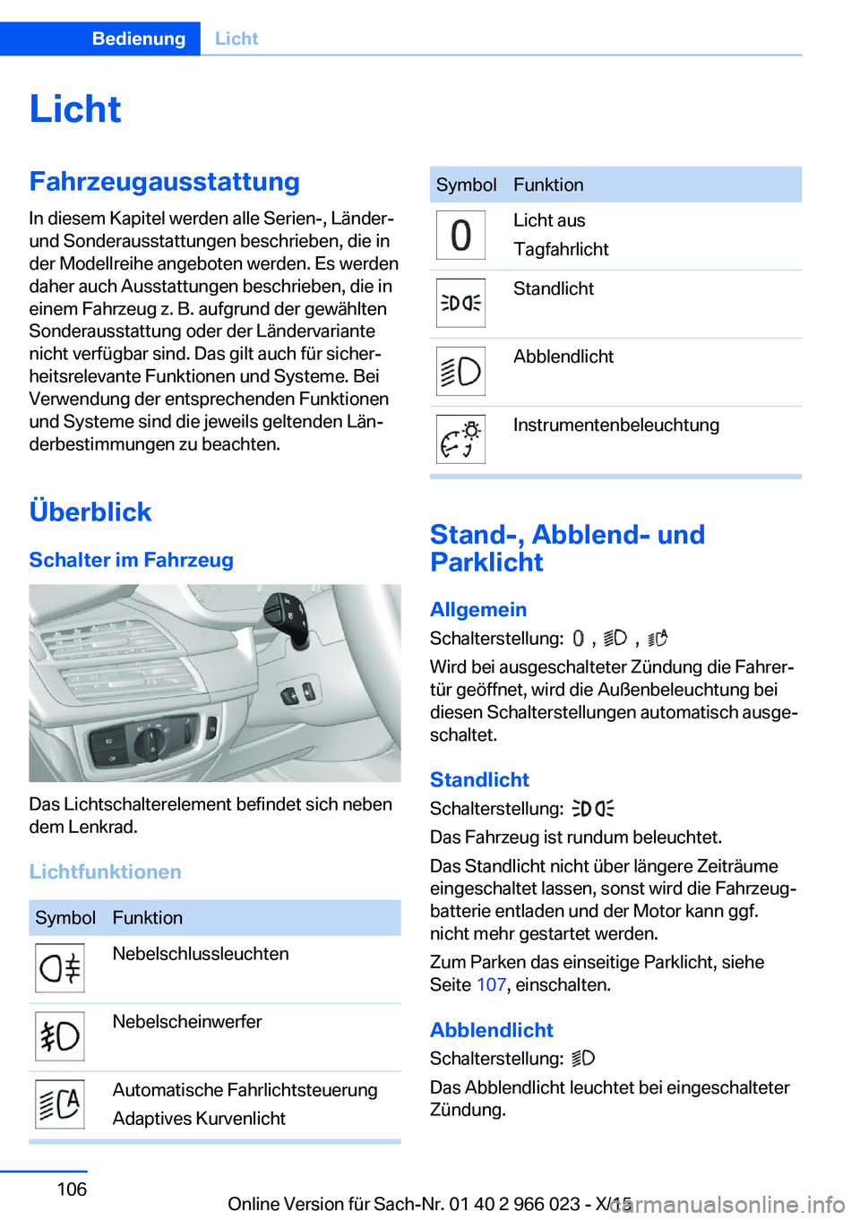 BMW X6 2016 Betriebsanleitungen (in German) LichtFahrzeugausstattung
In diesem Kapitel werden alle Serien-, Länder-
und Sonderausstattungen beschrieben, die in
der Modellreihe angeboten werden. Es werden
daher auch Ausstattungen beschrieben, d BMW X6 2016 Betriebsanleitungen (in German) LichtFahrzeugausstattung
In diesem Kapitel werden alle Serien-, Länder-
und Sonderausstattungen beschrieben, die in
der Modellreihe angeboten werden. Es werden
daher auch Ausstattungen beschrieben, d