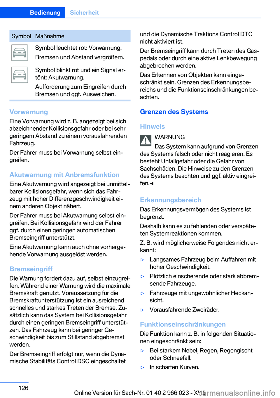BMW X6 2016 Betriebsanleitungen (in German) SymbolMaßnahmeSymbol leuchtet rot: Vorwarnung.
Bremsen und Abstand vergrößern.Symbol blinkt rot und ein Signal er‐
tönt: Akutwarnung.
Aufforderung zum Eingreifen durch
Bremsen und ggf. Ausweiche BMW X6 2016 Betriebsanleitungen (in German) SymbolMaßnahmeSymbol leuchtet rot: Vorwarnung.
Bremsen und Abstand vergrößern.Symbol blinkt rot und ein Signal er‐
tönt: Akutwarnung.
Aufforderung zum Eingreifen durch
Bremsen und ggf. Ausweiche