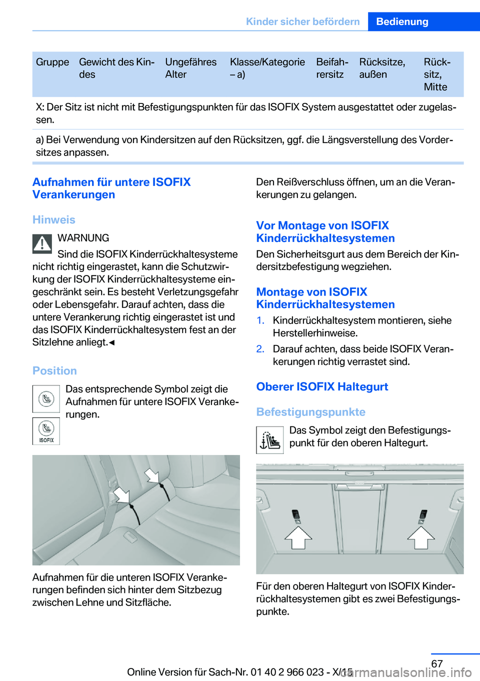 BMW X6 2016  Betriebsanleitungen (in German) GruppeGewicht des Kin‐
desUngefähres
AlterKlasse/Kategorie
– a)Beifah‐
rersitzRücksitze,
außenRück‐
sitz,
MitteX: Der Sitz ist nicht mit Befestigungspunkten für das ISOFIX System ausgesta