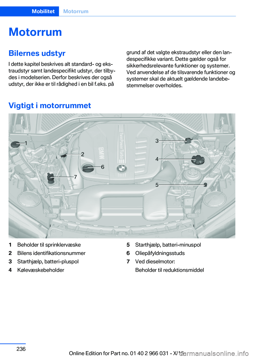 BMW X6 2016 InstruktionsbØger (in Danish) MotorrumBilernes udstyrI dette kapitel beskrives alt standard- og eks‐
traudstyr samt landespecifikt udstyr, der tilby‐
des i modelserien. Derfor beskrives der også
udstyr, der ikke er til rådig BMW X6 2016 InstruktionsbØger (in Danish) MotorrumBilernes udstyrI dette kapitel beskrives alt standard- og eks‐
traudstyr samt landespecifikt udstyr, der tilby‐
des i modelserien. Derfor beskrives der også
udstyr, der ikke er til rådig