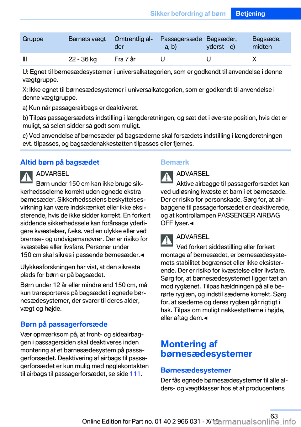 BMW X6 2016 InstruktionsbØger (in Danish) GruppeBarnets vægtOmtrentlig al‐
derPassagersæde
– a, b)Bagsæder,
yderst – c)Bagsæde,
midtenIII22 - 36 kgFra 7 årUUXU: Egnet til børnesædesystemer i universalkategorien, som er godkendt t BMW X6 2016 InstruktionsbØger (in Danish) GruppeBarnets vægtOmtrentlig al‐
derPassagersæde
– a, b)Bagsæder,
yderst – c)Bagsæde,
midtenIII22 - 36 kgFra 7 årUUXU: Egnet til børnesædesystemer i universalkategorien, som er godkendt t