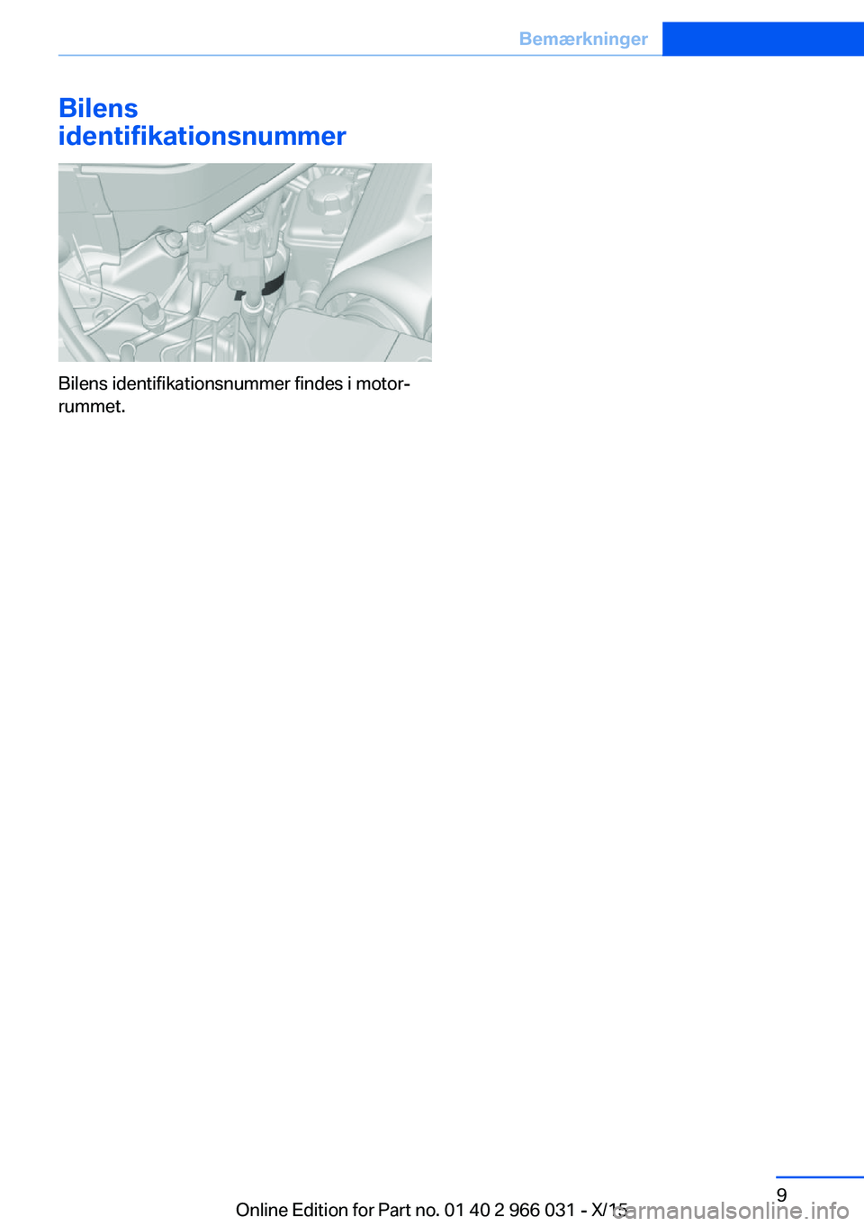 BMW X6 2016 InstruktionsbØger (in Danish) Bilens
identifikationsnummer
Bilens identifikationsnummer findes i motor‐
rummet.
Seite 9Bemærkninger9
Online Edition for Part no. 01 40 2 966 031 - X/15 BMW X6 2016 InstruktionsbØger (in Danish) Bilens
identifikationsnummer
Bilens identifikationsnummer findes i motor‐
rummet.
Seite 9Bemærkninger9
Online Edition for Part no. 01 40 2 966 031 - X/15