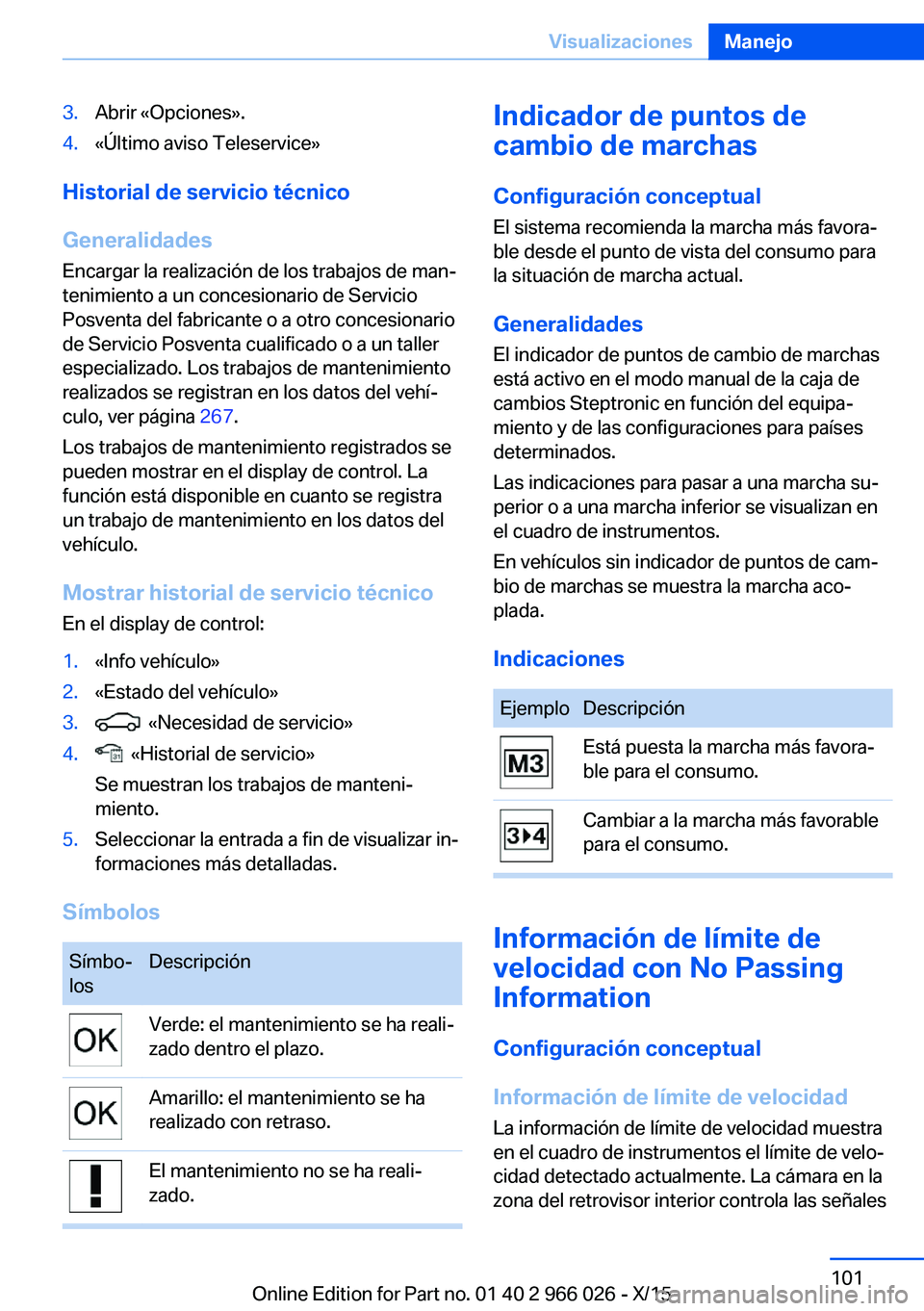BMW X6 2016 Manuales de Empleo (in Spanish) 3.Abrir «Opciones».4.«Último aviso Teleservice»
Historial de servicio técnico
Generalidades
Encargar la realización de los trabajos de man‐
tenimiento a un concesionario de Servicio
Posventa BMW X6 2016 Manuales de Empleo (in Spanish) 3.Abrir «Opciones».4.«Último aviso Teleservice»
Historial de servicio técnico
Generalidades
Encargar la realización de los trabajos de man‐
tenimiento a un concesionario de Servicio
Posventa