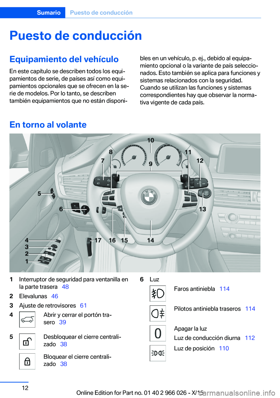 BMW X6 2016  Manuales de Empleo (in Spanish) Puesto de conducciónEquipamiento del vehículo
En este capítulo se describen todos los equi‐
pamientos de serie, de países así como equi‐
pamientos opcionales que se ofrecen en la se‐
rie de