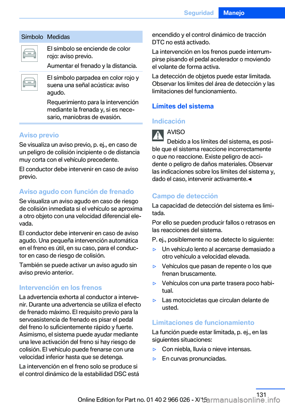 BMW X6 2016 Manuales de Empleo (in Spanish) SímboloMedidasEl símbolo se enciende de color
rojo: aviso previo.
Aumentar el frenado y la distancia.El símbolo parpadea en color rojo y
suena una señal acústica: aviso
agudo.
Requerimiento para BMW X6 2016 Manuales de Empleo (in Spanish) SímboloMedidasEl símbolo se enciende de color
rojo: aviso previo.
Aumentar el frenado y la distancia.El símbolo parpadea en color rojo y
suena una señal acústica: aviso
agudo.
Requerimiento para