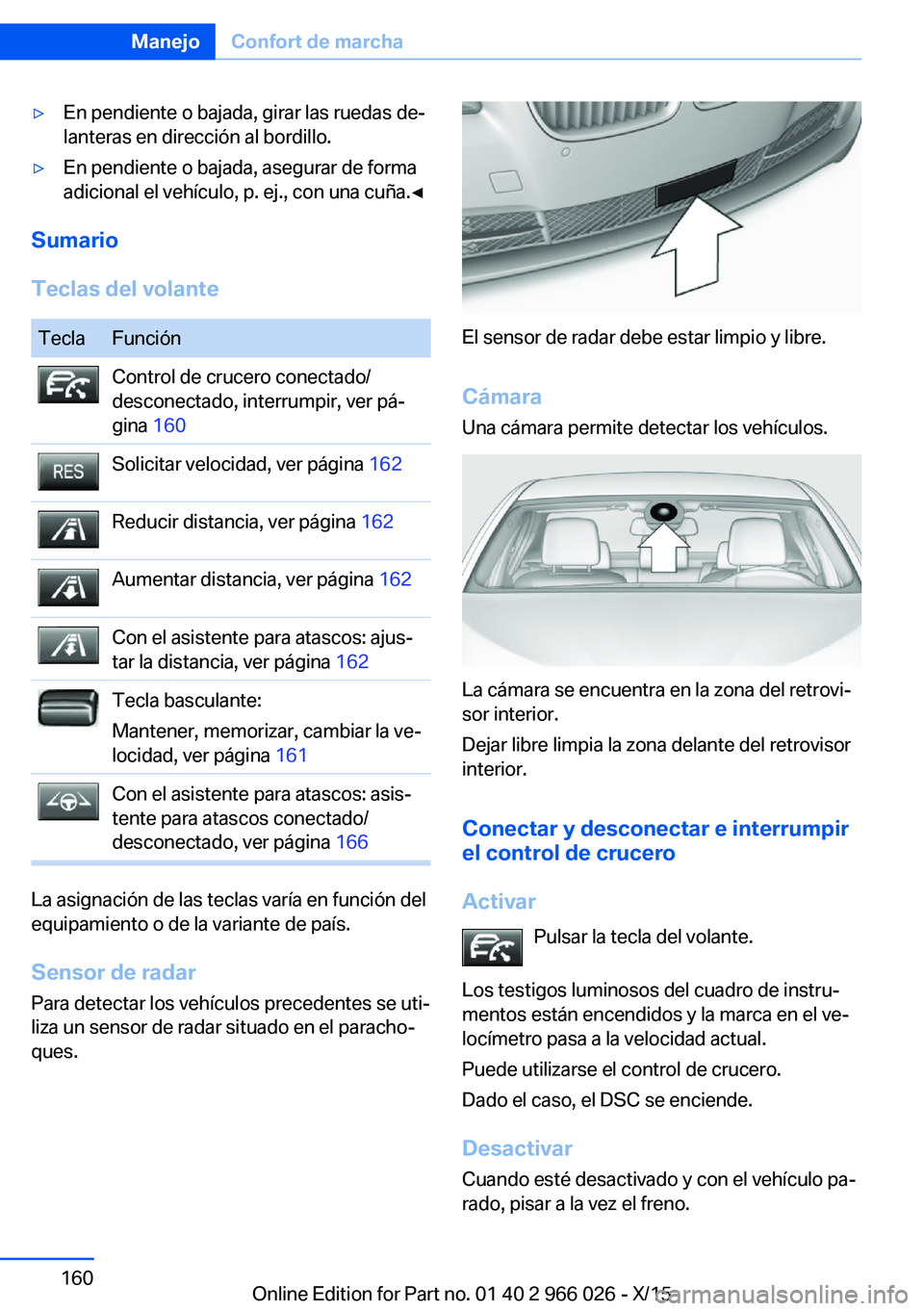 BMW X6 2016  Manuales de Empleo (in Spanish) ▷En pendiente o bajada, girar las ruedas de‐
lanteras en dirección al bordillo.▷En pendiente o bajada, asegurar de forma
adicional el vehículo, p. ej., con una cuña.◀
Sumario
Teclas del vol