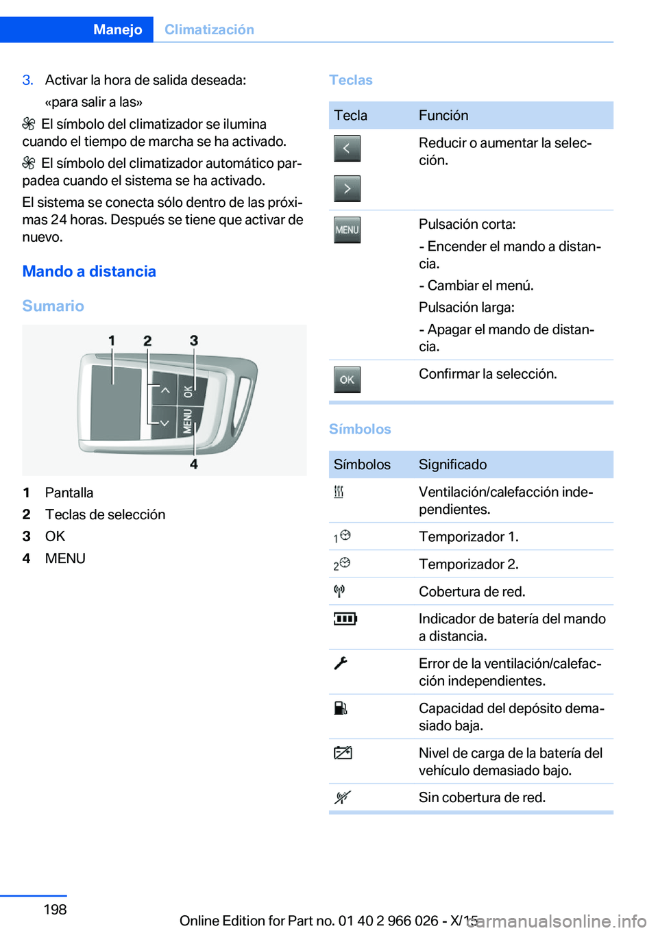 BMW X6 2016 Manuales de Empleo (in Spanish) 3.Activar la hora de salida deseada:
«para salir a las»
El símbolo del climatizador se ilumina
cuando el tiempo de marcha se ha activado.
El símbolo del climatizador automático par‐
padea c BMW X6 2016 Manuales de Empleo (in Spanish) 3.Activar la hora de salida deseada:
«para salir a las»
El símbolo del climatizador se ilumina
cuando el tiempo de marcha se ha activado.
El símbolo del climatizador automático par‐
padea c