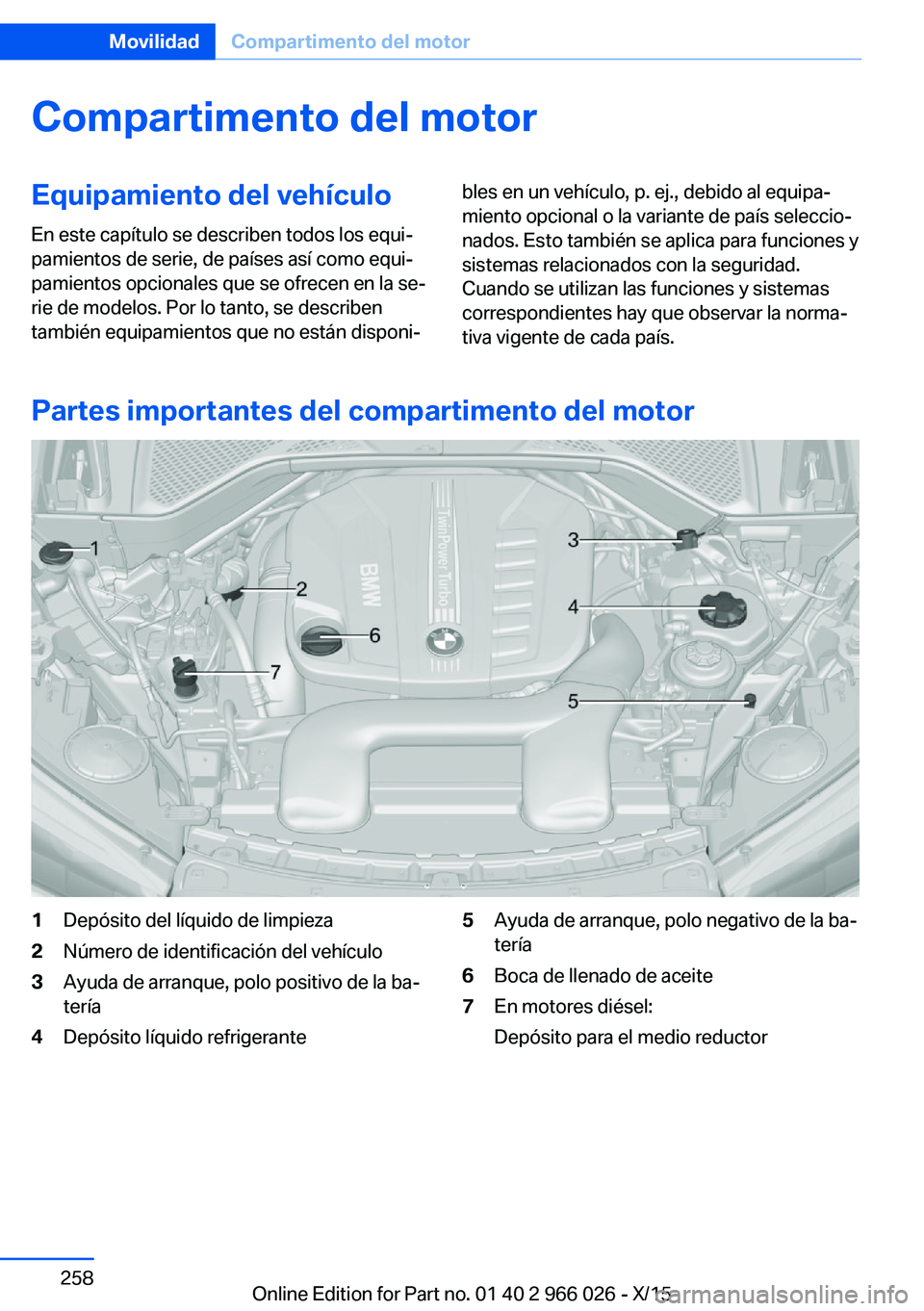 BMW X6 2016  Manuales de Empleo (in Spanish) Compartimento del motorEquipamiento del vehículoEn este capítulo se describen todos los equi‐
pamientos de serie, de países así como equi‐
pamientos opcionales que se ofrecen en la se‐
rie d