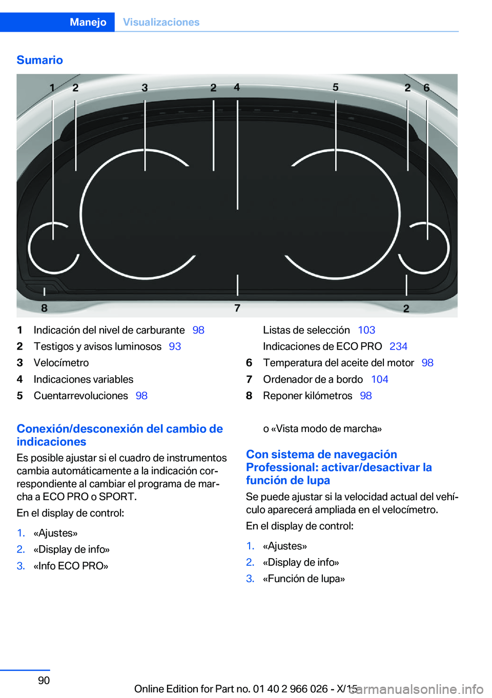 BMW X6 2016  Manuales de Empleo (in Spanish) Sumario1Indicación del nivel de carburante  982Testigos y avisos luminosos  933Velocímetro4Indicaciones variables5Cuentarrevoluciones  98Listas de selección  103
Indicaciones de ECO