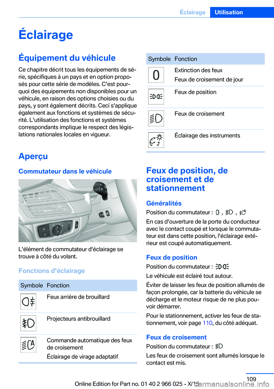 BMW X6 2016 Notices Demploi (in French) ÉclairageÉquipement du véhiculeCe chapitre décrit tous les équipements de sé‐
rie, spécifiques à un pays et en option propo‐
sés pour cette série de modèles. C'est pour‐
quoi des BMW X6 2016 Notices Demploi (in French) ÉclairageÉquipement du véhiculeCe chapitre décrit tous les équipements de sé‐
rie, spécifiques à un pays et en option propo‐
sés pour cette série de modèles. C'est pour‐
quoi des