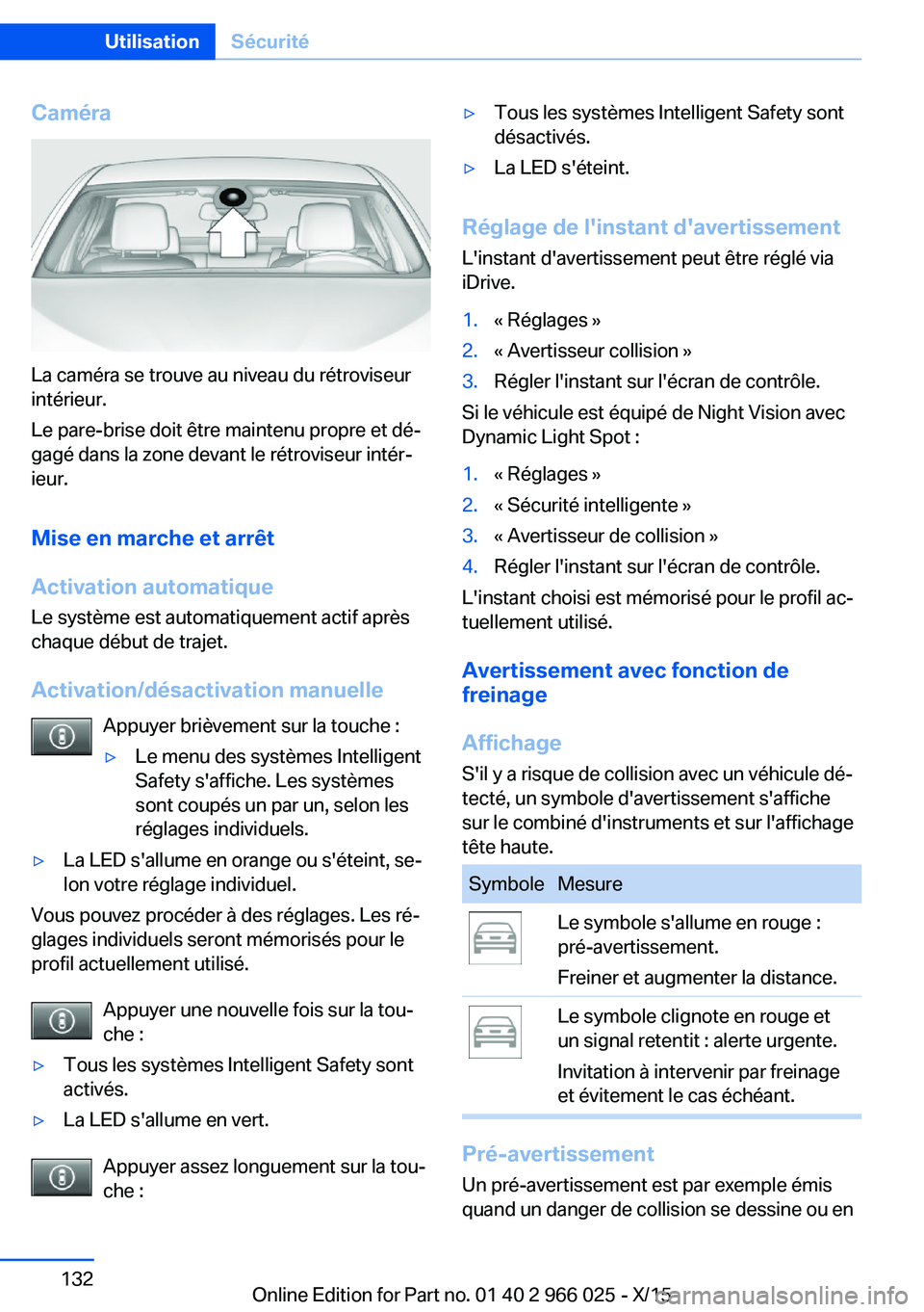 BMW X6 2016 Notices Demploi (in French) Caméra
La caméra se trouve au niveau du rétroviseur
intérieur.
Le pare-brise doit être maintenu propre et dé‐
gagé dans la zone devant le rétroviseur intér‐
ieur.
Mise en marche et arrêt BMW X6 2016 Notices Demploi (in French) Caméra
La caméra se trouve au niveau du rétroviseur
intérieur.
Le pare-brise doit être maintenu propre et dé‐
gagé dans la zone devant le rétroviseur intér‐
ieur.
Mise en marche et arrêt