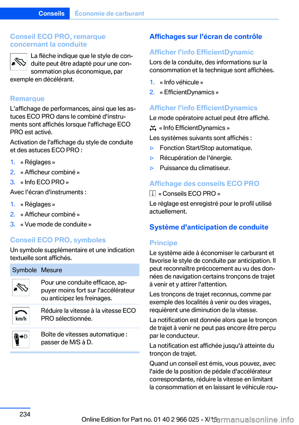 BMW X6 2016 Notices Demploi (in French) Conseil ECO PRO, remarque
concernant la conduite
La flèche indique que le style de con‐
duite peut être adapté pour une con‐
sommation plus économique, par
exemple en décélérant.
Remarque
L BMW X6 2016 Notices Demploi (in French) Conseil ECO PRO, remarque
concernant la conduite
La flèche indique que le style de con‐
duite peut être adapté pour une con‐
sommation plus économique, par
exemple en décélérant.
Remarque
L