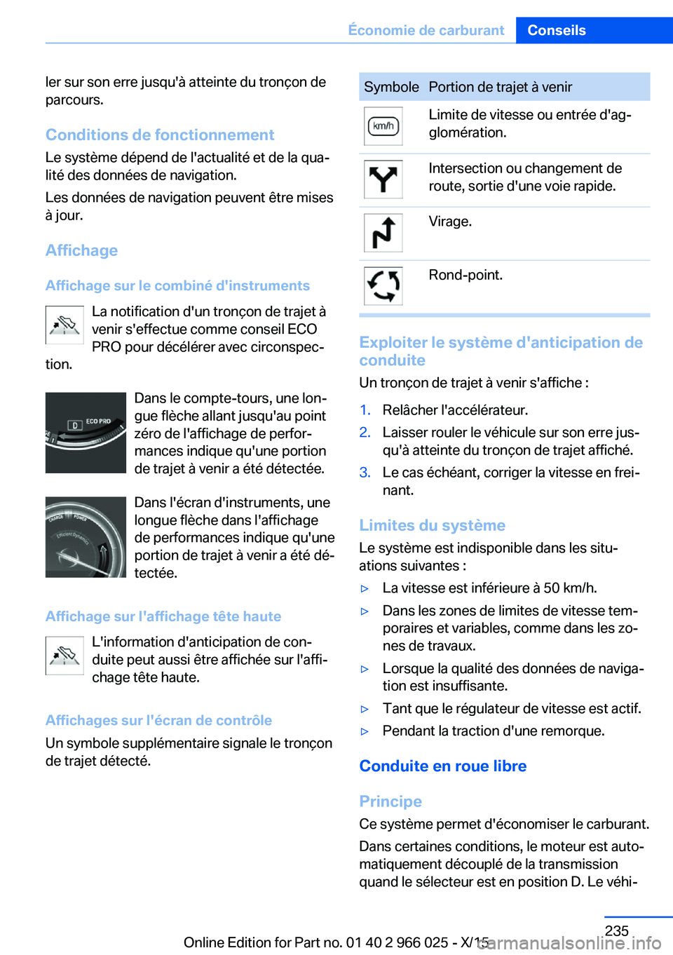 BMW X6 2016 Notices Demploi (in French) ler sur son erre jusqu'à atteinte du tronçon de
parcours.
Conditions de fonctionnement
Le système dépend de l'actualité et de la qua‐
lité des données de navigation.
Les données de n BMW X6 2016 Notices Demploi (in French) ler sur son erre jusqu'à atteinte du tronçon de
parcours.
Conditions de fonctionnement
Le système dépend de l'actualité et de la qua‐
lité des données de navigation.
Les données de n