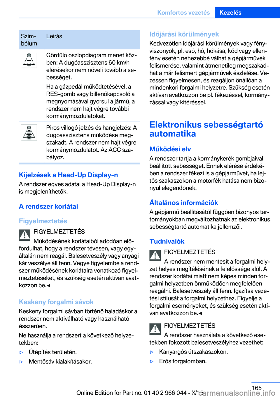 BMW X6 2016 Kezelési útmutató (in Hungarian) Szim‐
bólumLeírásGördülő oszlopdiagram menet köz‐
ben: A dugóasszisztens 60 km/h
elérésekor nem növeli tovább a se‐
bességet.
Ha a gázpedál működtetésével, a
RES-gomb vagy bil BMW X6 2016 Kezelési útmutató (in Hungarian) Szim‐
bólumLeírásGördülő oszlopdiagram menet köz‐
ben: A dugóasszisztens 60 km/h
elérésekor nem növeli tovább a se‐
bességet.
Ha a gázpedál működtetésével, a
RES-gomb vagy bil
