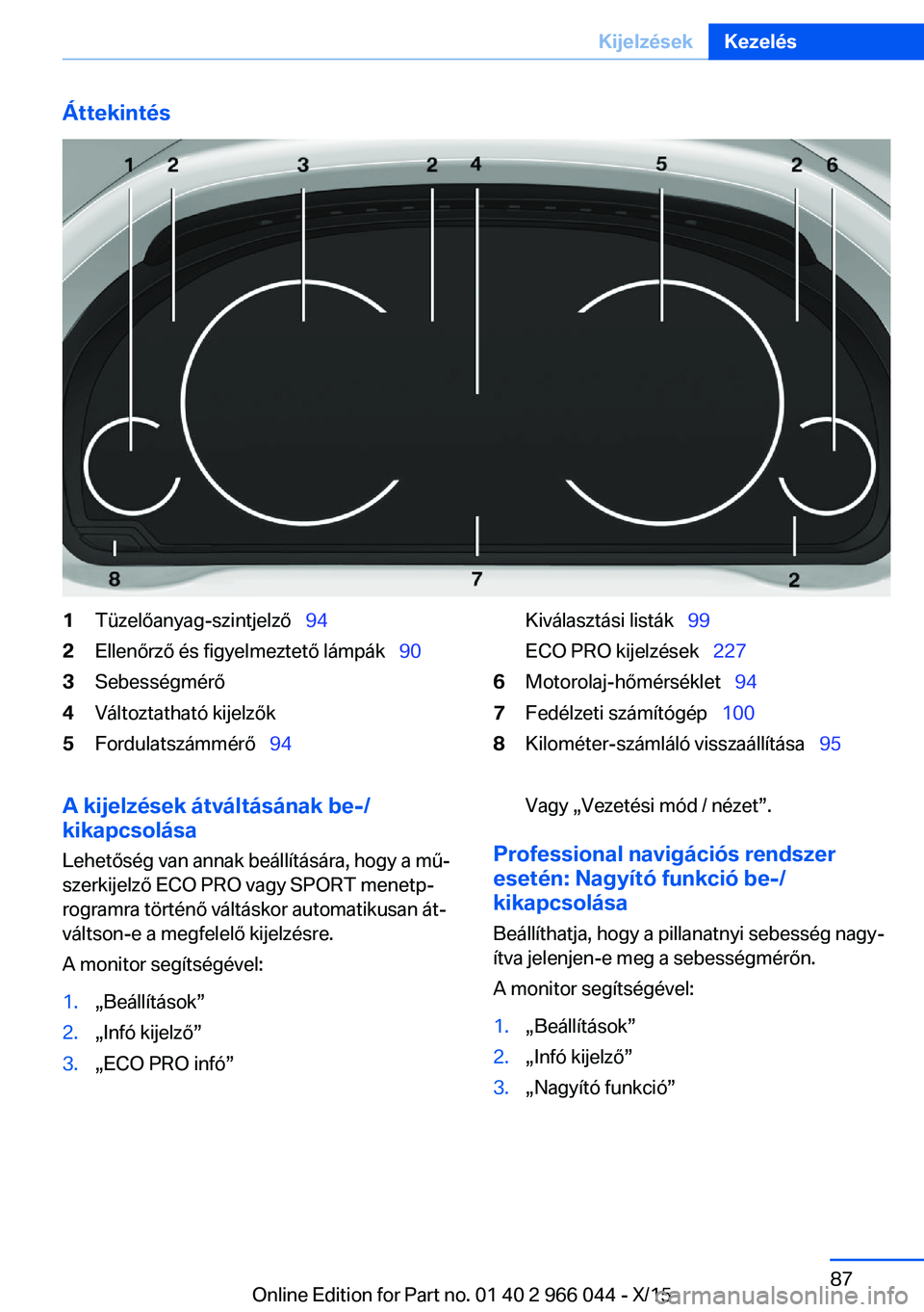 BMW X6 2016  Kezelési útmutató (in Hungarian) Áttekintés1Tüzelőanyag-szintjelző  942Ellenőrző és figyelmeztető lámpák   903Sebességmérő4Változtatható kijelzők5Fordulatszámmérő  94Kiválasztási listák  99
ECO 