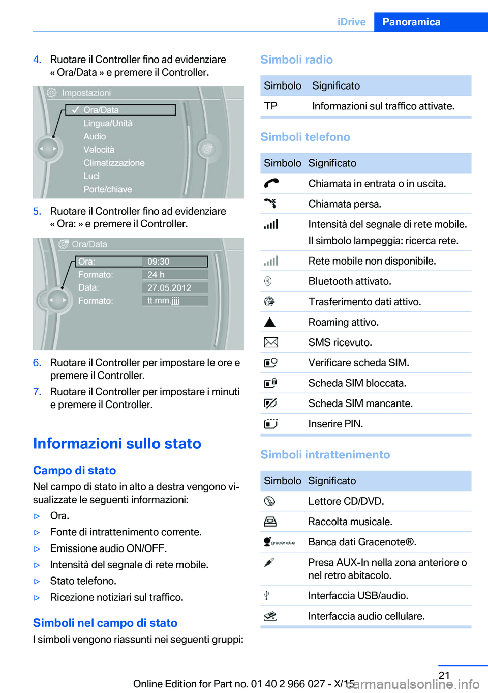 BMW X6 2016 Libretti Di Uso E manutenzione (in Italian) 4.Ruotare il Controller fino ad evidenziare
« Ora/Data » e premere il Controller.5.Ruotare il Controller fino ad evidenziare
« Ora: » e premere il Controller.6.Ruotare il Controller per impostare BMW X6 2016 Libretti Di Uso E manutenzione (in Italian) 4.Ruotare il Controller fino ad evidenziare
« Ora/Data » e premere il Controller.5.Ruotare il Controller fino ad evidenziare
« Ora: » e premere il Controller.6.Ruotare il Controller per impostare