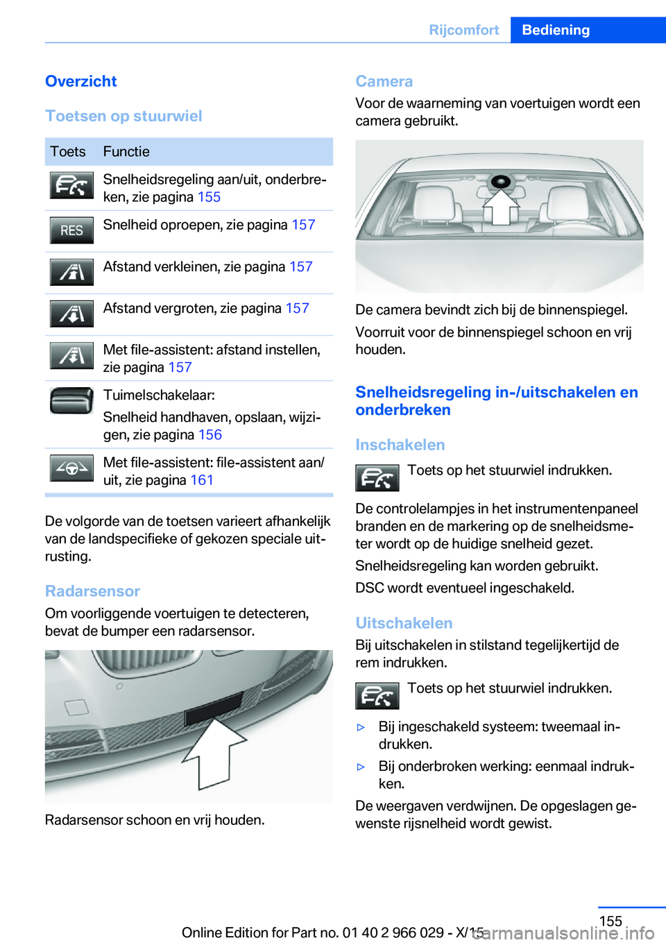 BMW X6 2016 Instructieboekjes (in Dutch) Overzicht
Toetsen op stuurwielToetsFunctieSnelheidsregeling aan/uit, onderbre‐
ken, zie pagina 155Snelheid oproepen, zie pagina 157Afstand verkleinen, zie pagina 157Afstand vergroten, zie pagina 1 BMW X6 2016 Instructieboekjes (in Dutch) Overzicht
Toetsen op stuurwielToetsFunctieSnelheidsregeling aan/uit, onderbre‐
ken, zie pagina 155Snelheid oproepen, zie pagina 157Afstand verkleinen, zie pagina 157Afstand vergroten, zie pagina 1