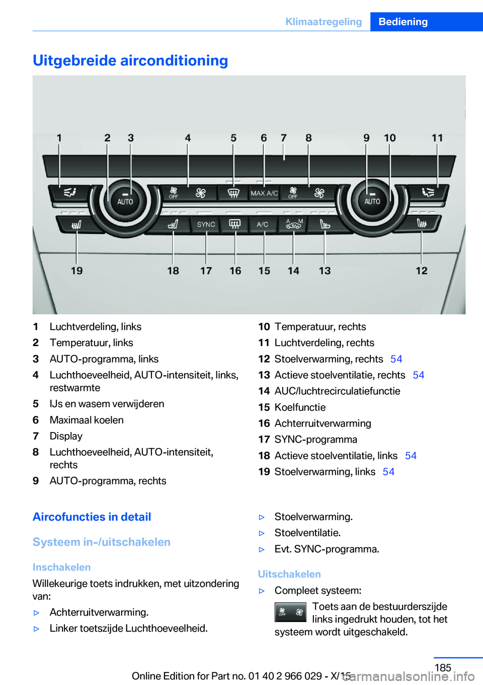 BMW X6 2016  Instructieboekjes (in Dutch) Uitgebreide airconditioning1Luchtverdeling, links2Temperatuur, links3AUTO-programma, links4Luchthoeveelheid, AUTO-intensiteit, links,
restwarmte5IJs en wasem verwijderen6Maximaal koelen7Display8Luchth