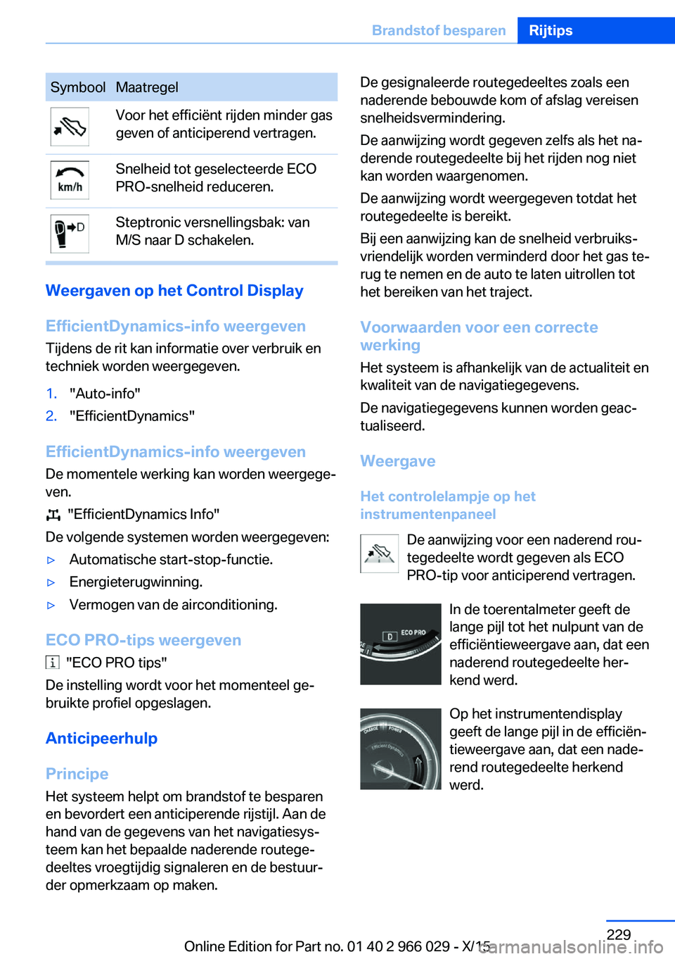 BMW X6 2016  Instructieboekjes (in Dutch) SymboolMaatregelVoor het efficiënt rijden minder gas
geven of anticiperend vertragen.Snelheid tot geselecteerde ECO
PRO-snelheid reduceren.Steptronic versnellingsbak: van
M/S naar D schakelen.
Weerga