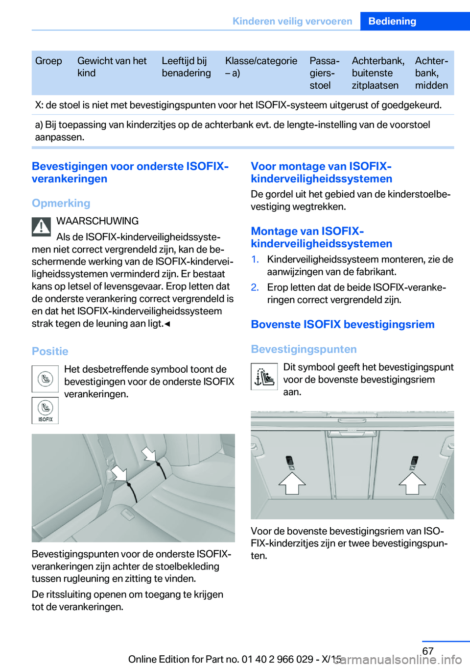 BMW X6 2016  Instructieboekjes (in Dutch) GroepGewicht van het
kindLeeftijd bij
benaderingKlasse/categorie
– a)Passa‐
giers‐
stoelAchterbank,
buitenste
zitplaatsenAchter‐
bank,
middenX: de stoel is niet met bevestigingspunten voor het