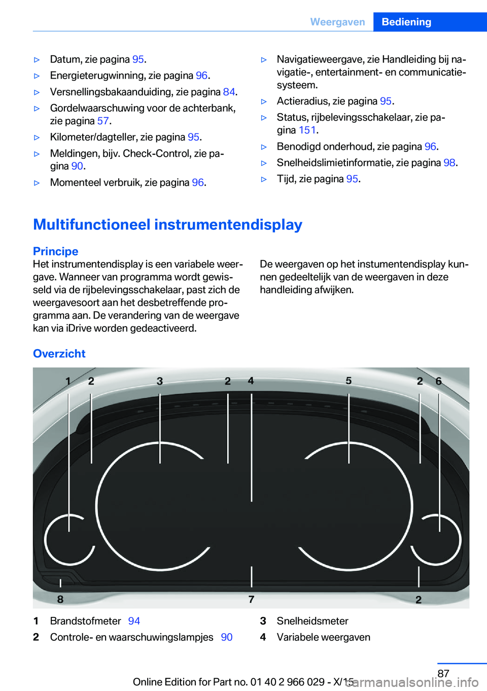 BMW X6 2016  Instructieboekjes (in Dutch) ▷Datum, zie pagina 95.▷Energieterugwinning, zie pagina  96.▷Versnellingsbakaanduiding, zie pagina  84.▷Gordelwaarschuwing voor de achterbank,
zie pagina  57.▷Kilometer/dagteller, zie pagina 
