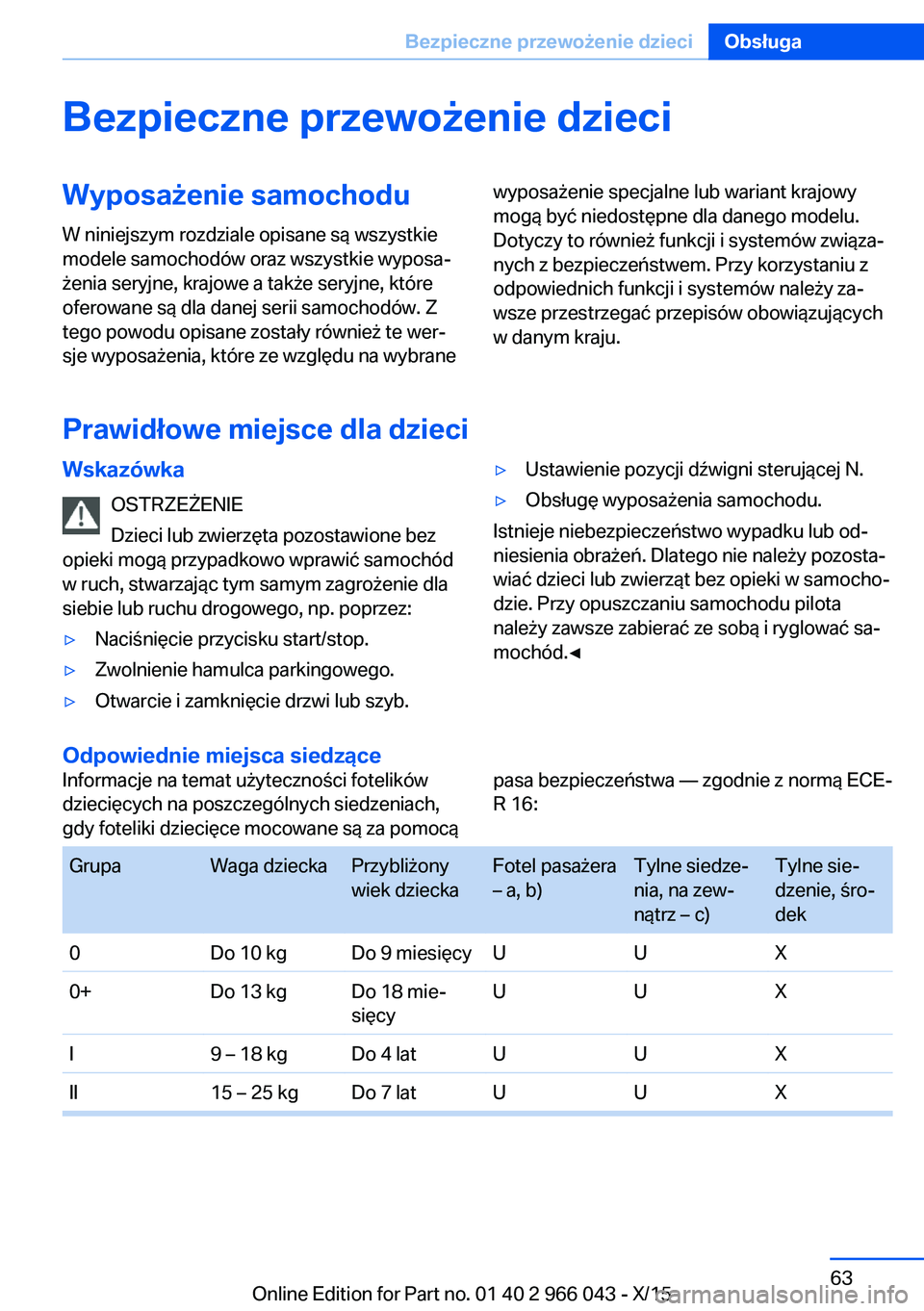 BMW X6 2016  Instrukcja obsługi (in Polish) Bezpieczne przewożenie dzieciWyposażenie samochoduW niniejszym rozdziale opisane są wszystkie
modele samochodów oraz wszystkie wyposa‐
żenia seryjne, krajowe a także seryjne, które
oferowane 