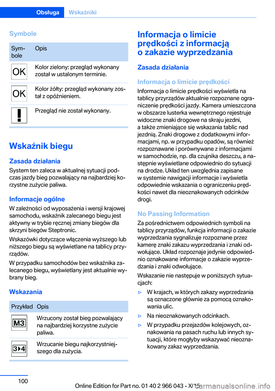 BMW X6 2016 Instrukcja obsługi (in Polish) SymboleSym‐
boleOpisKolor zielony: przegląd wykonany
został w ustalonym terminie.Kolor żółty: przegląd wykonany zos‐
tał z opóźnieniem.Przegląd nie został wykonany.
Wskaźnik biegu
Zasa BMW X6 2016 Instrukcja obsługi (in Polish) SymboleSym‐
boleOpisKolor zielony: przegląd wykonany
został w ustalonym terminie.Kolor żółty: przegląd wykonany zos‐
tał z opóźnieniem.Przegląd nie został wykonany.
Wskaźnik biegu
Zasa