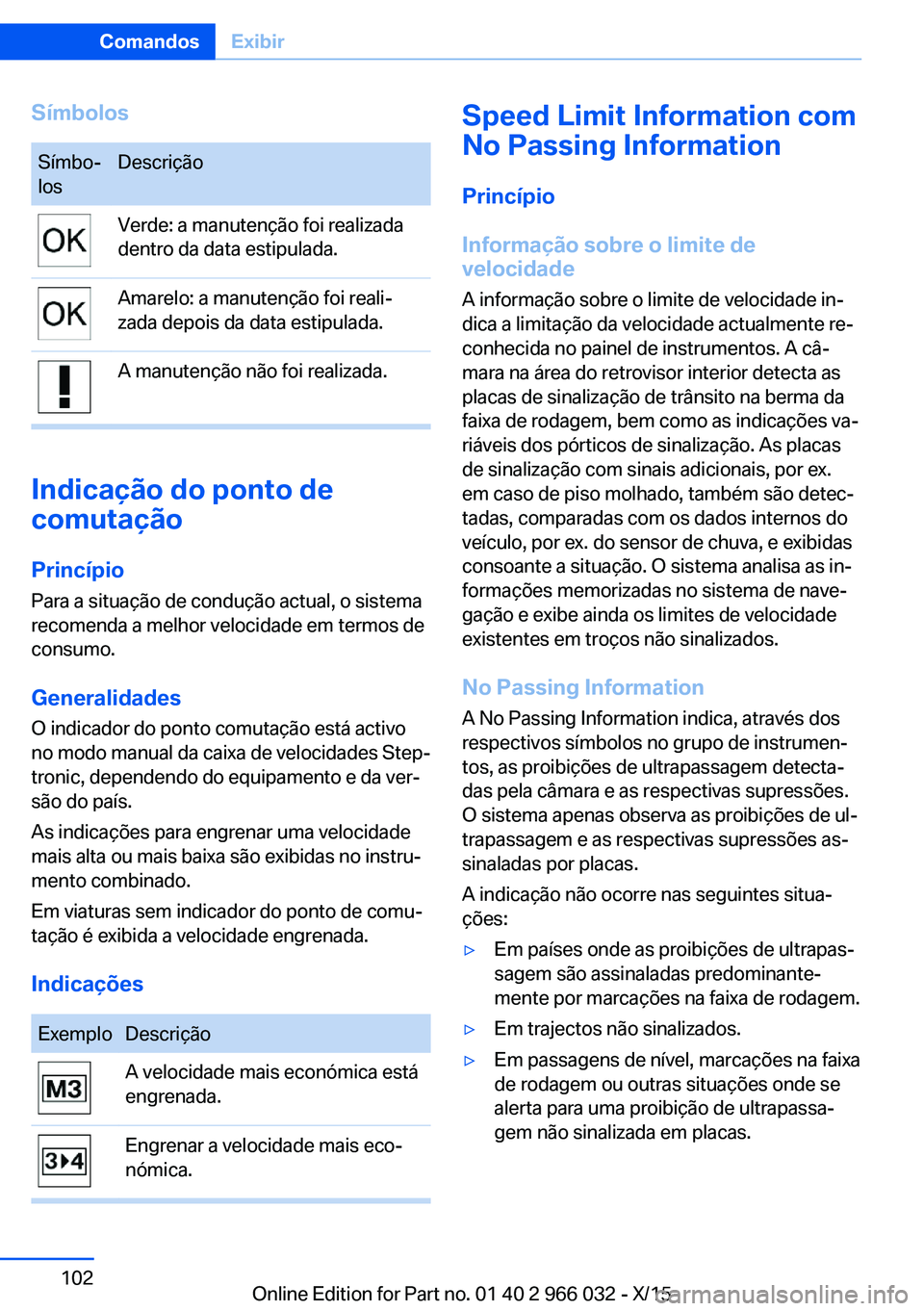 BMW X6 2016  Manual do condutor (in Portuguese) SímbolosSímbo‐
losDescriçãoVerde: a manutenção foi realizada
dentro da data estipulada.Amarelo: a manutenção foi reali‐
zada depois da data estipulada.A manutenção não foi realizada.
In