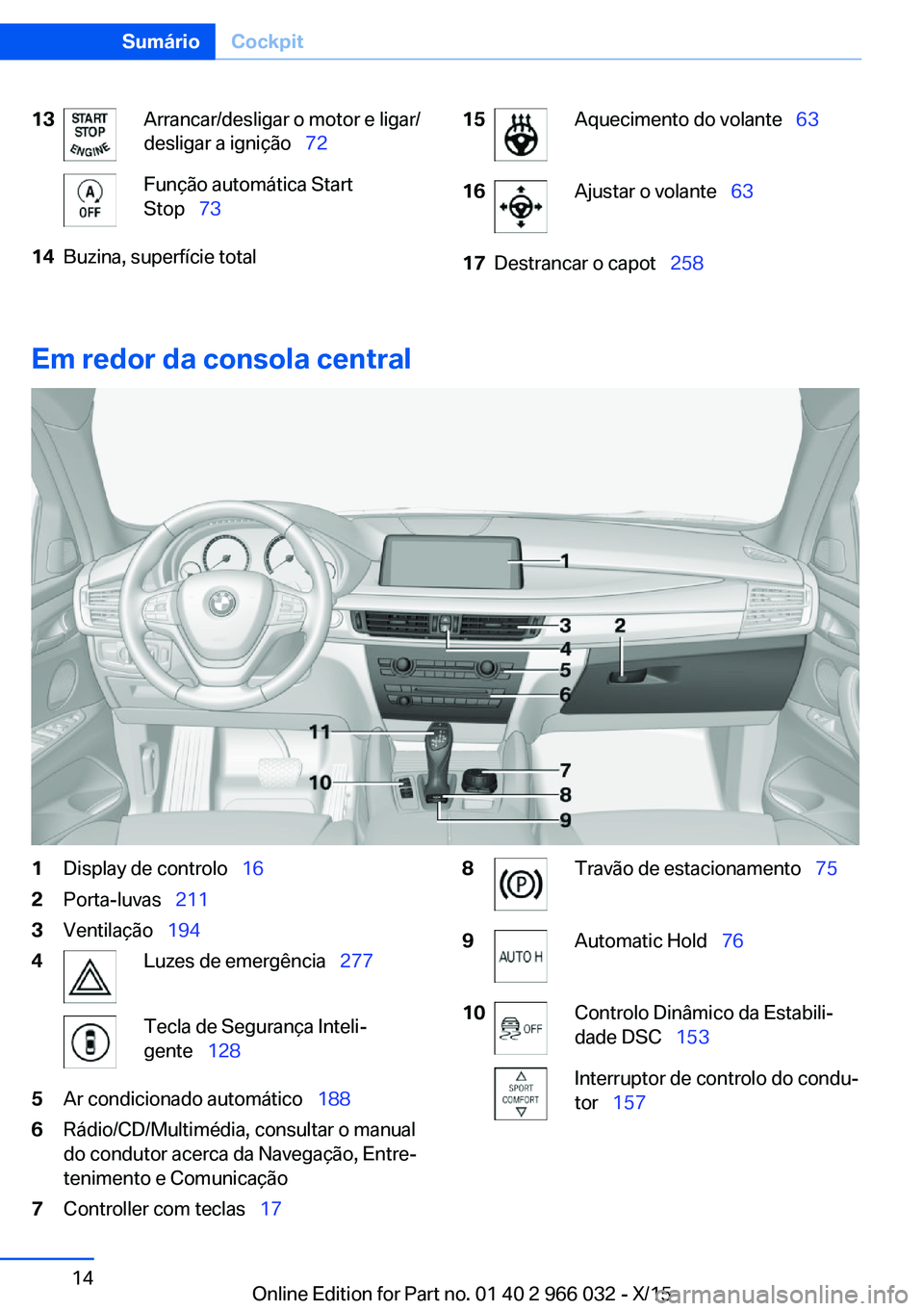 BMW X6 2016 Manual do condutor (in Portuguese) 13Arrancar/desligar o motor e ligar/
desligar a ignição 72Função automática Start
Stop 7314Buzina, superfície total15Aquecimento do volante 6316Ajustar o volante 6317Destr BMW X6 2016 Manual do condutor (in Portuguese) 13Arrancar/desligar o motor e ligar/
desligar a ignição 72Função automática Start
Stop 7314Buzina, superfície total15Aquecimento do volante 6316Ajustar o volante 6317Destr