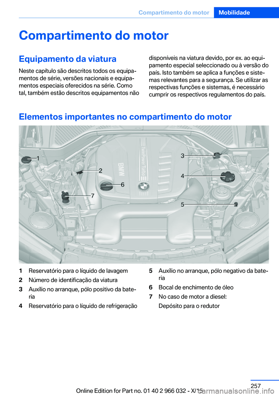 BMW X6 2016  Manual do condutor (in Portuguese) Compartimento do motorEquipamento da viaturaNeste capítulo são descritos todos os equipa‐
mentos de série, versões nacionais e equipa‐
mentos especiais oferecidos na série. Como
tal, também 
