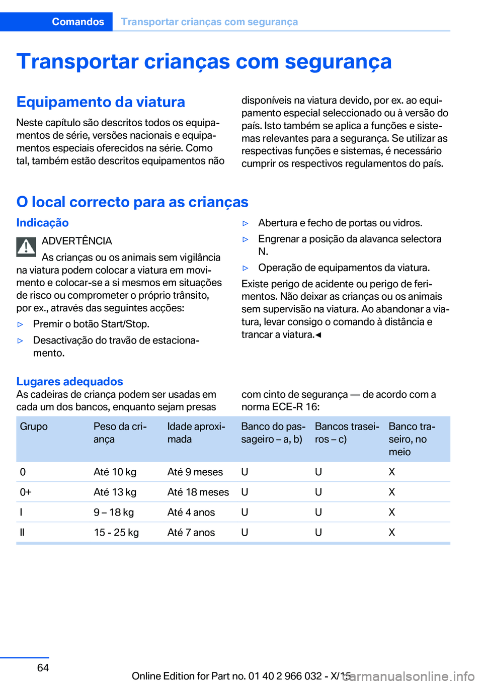 BMW X6 2016  Manual do condutor (in Portuguese) Transportar crianças com segurançaEquipamento da viaturaNeste capítulo são descritos todos os equipa‐
mentos de série, versões nacionais e equipa‐
mentos especiais oferecidos na série. Como